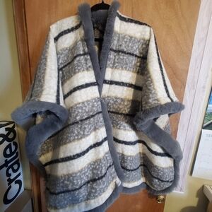 Women's Gray Striped Ponch Cape  with Faux Fur Trim. Warm Soft Oversized